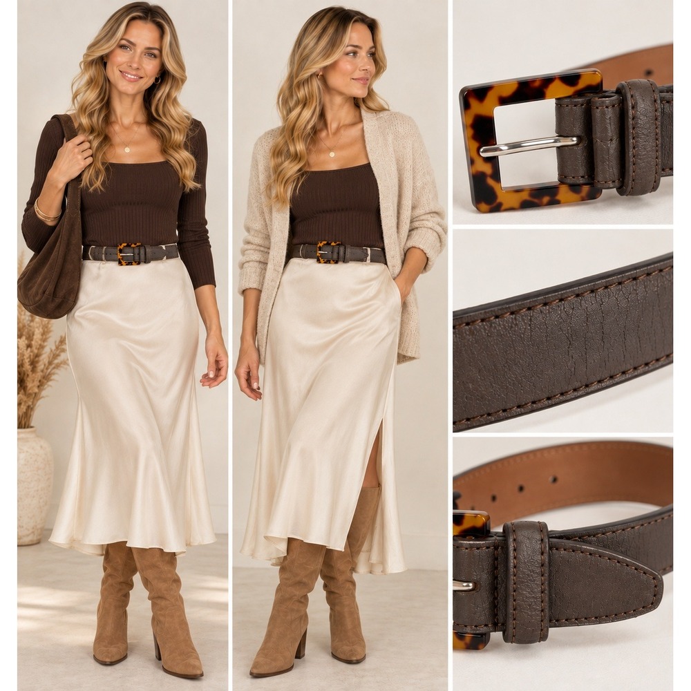 Annabella Belt S Leather Tortoiseshell Buckle NWT Preppy Quiet Luxury Indie